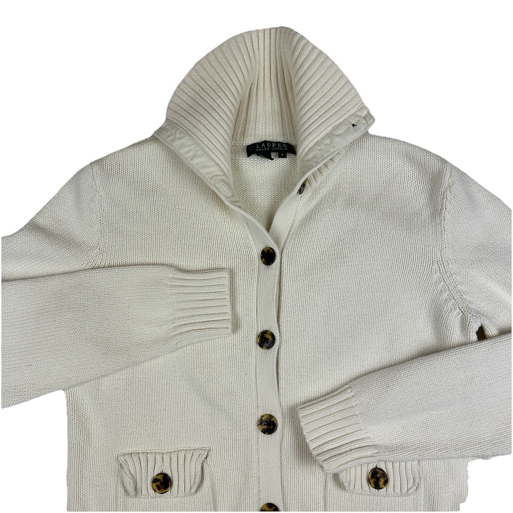 Lauren Ralph Lauren Ivory Knit Cotton Cardigan Sweater Button Pockets Sz: S